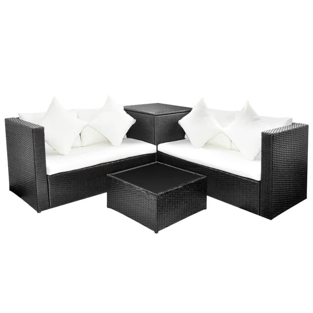 GARTEN-LOUNGE-SET 4-teilig Mit Auflagen Poly Rattan Schwarz - Creme/Schwarz, Kunststoff - vidaXL