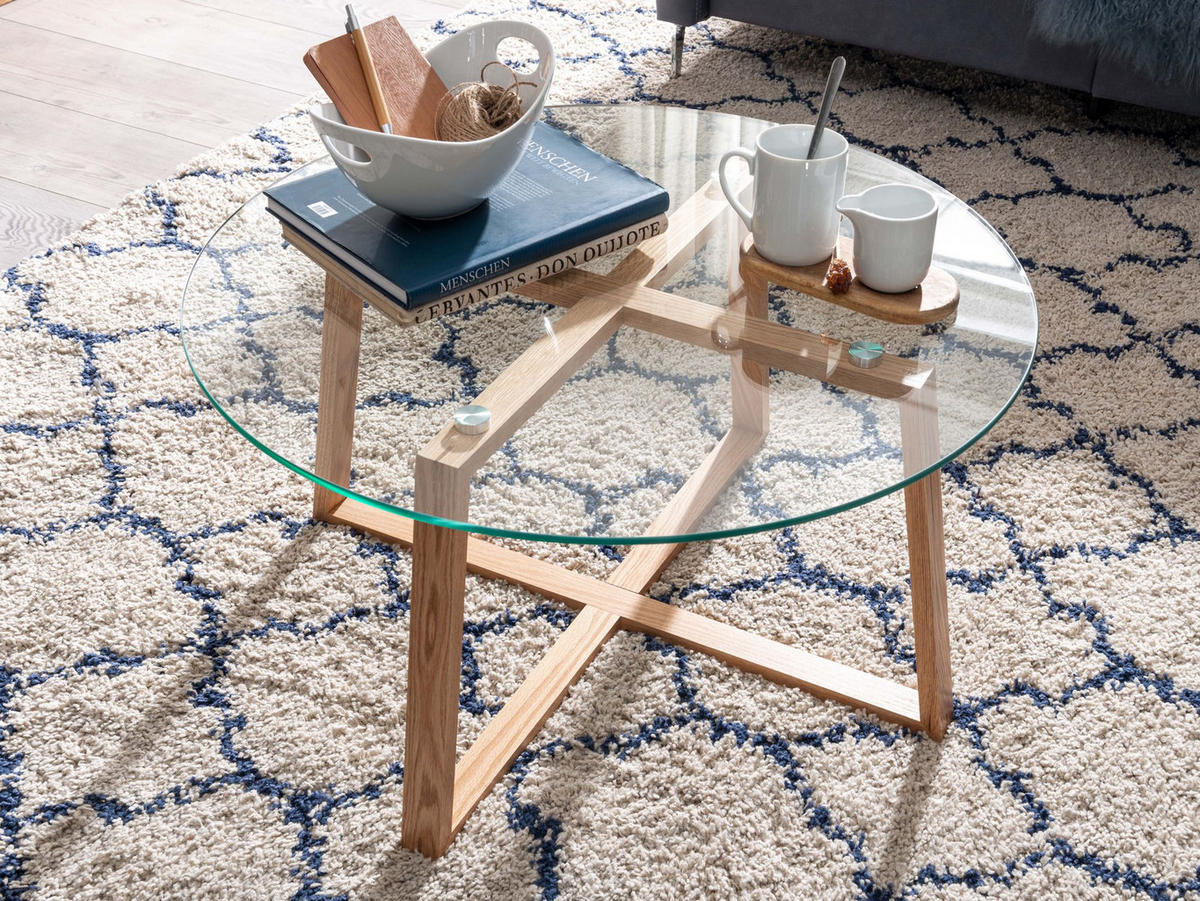 COUCHTISCH in Eiche mit transparenter Glasplatte und überkreuztem Gestell, modernes Design - Beige/Braun, Glas/Eichenholz (78/78/41cm) - KADIMA DESIGN