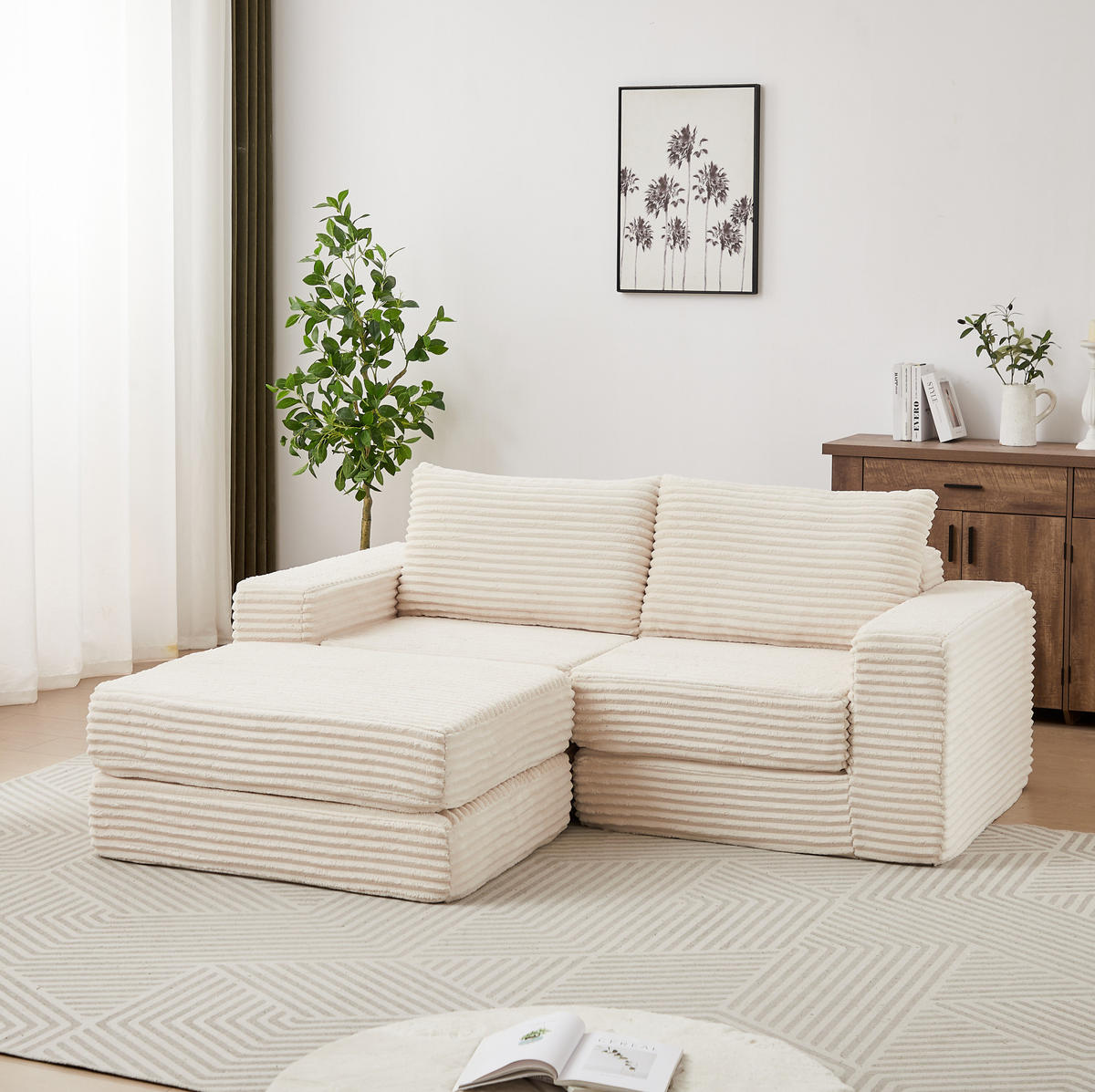 SOFA-BETT modular mit beweglicher Fußstütze Cord Beige - Beige, Kunststoff (169.5/194cm) - Meubliv