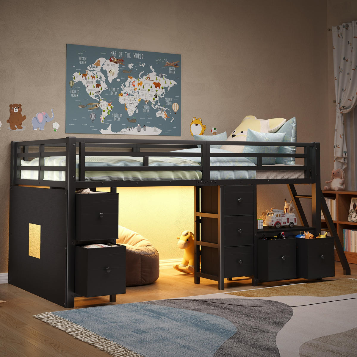 HOCHBETT 90/200 cm in Schwarz mit 7 Schubladen, offenem Regal, LED und Schutzgittern - Schwarz, Holzwerkstoff/Metall (90/200cm) - STILVORA