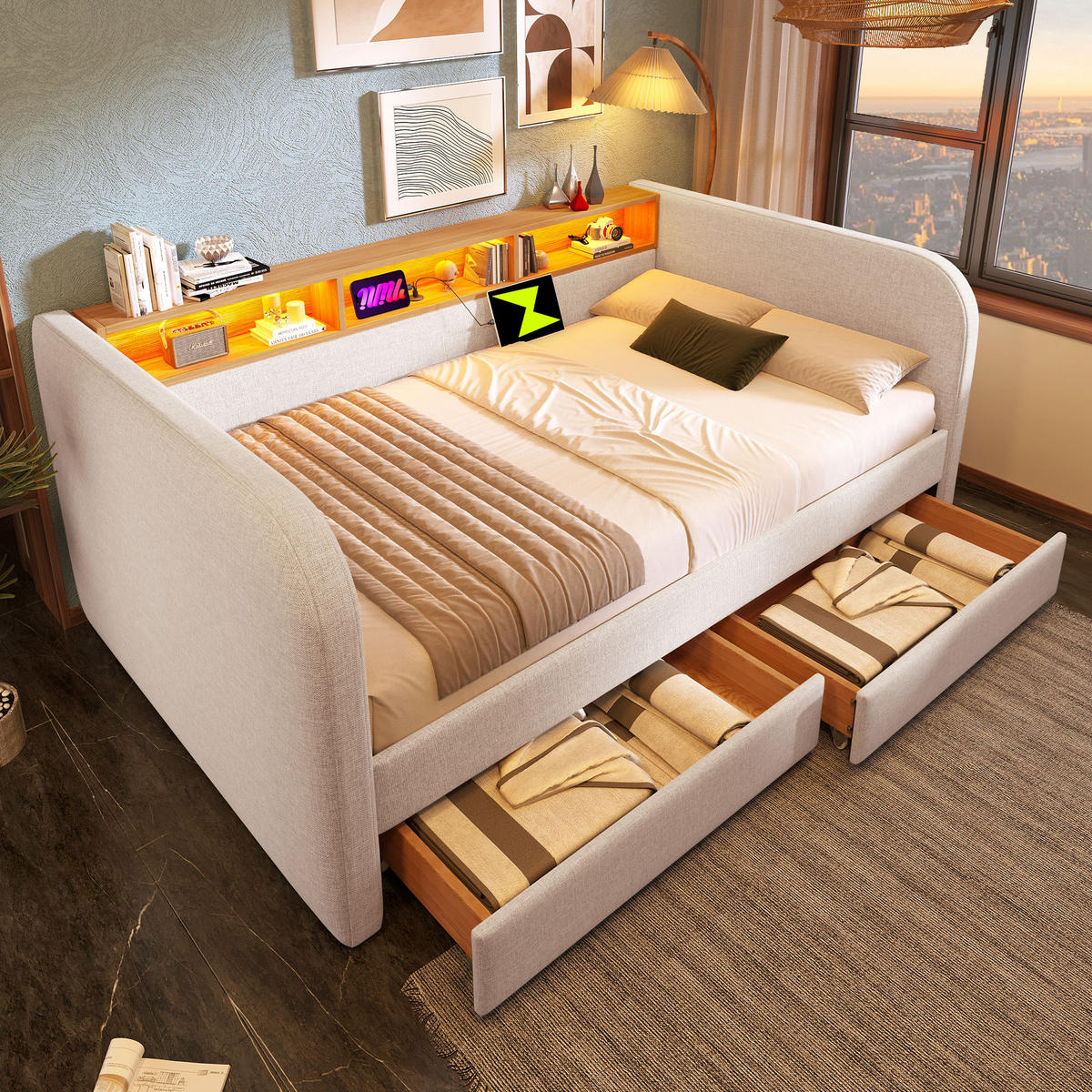 POLSTERBETT 140/190 cm mit LED-Beleuchtung, USB-C, Stauraumkopfteil und 2 Schubladen, Hellbeige - Beige, Textil (140/190cm) - Redom