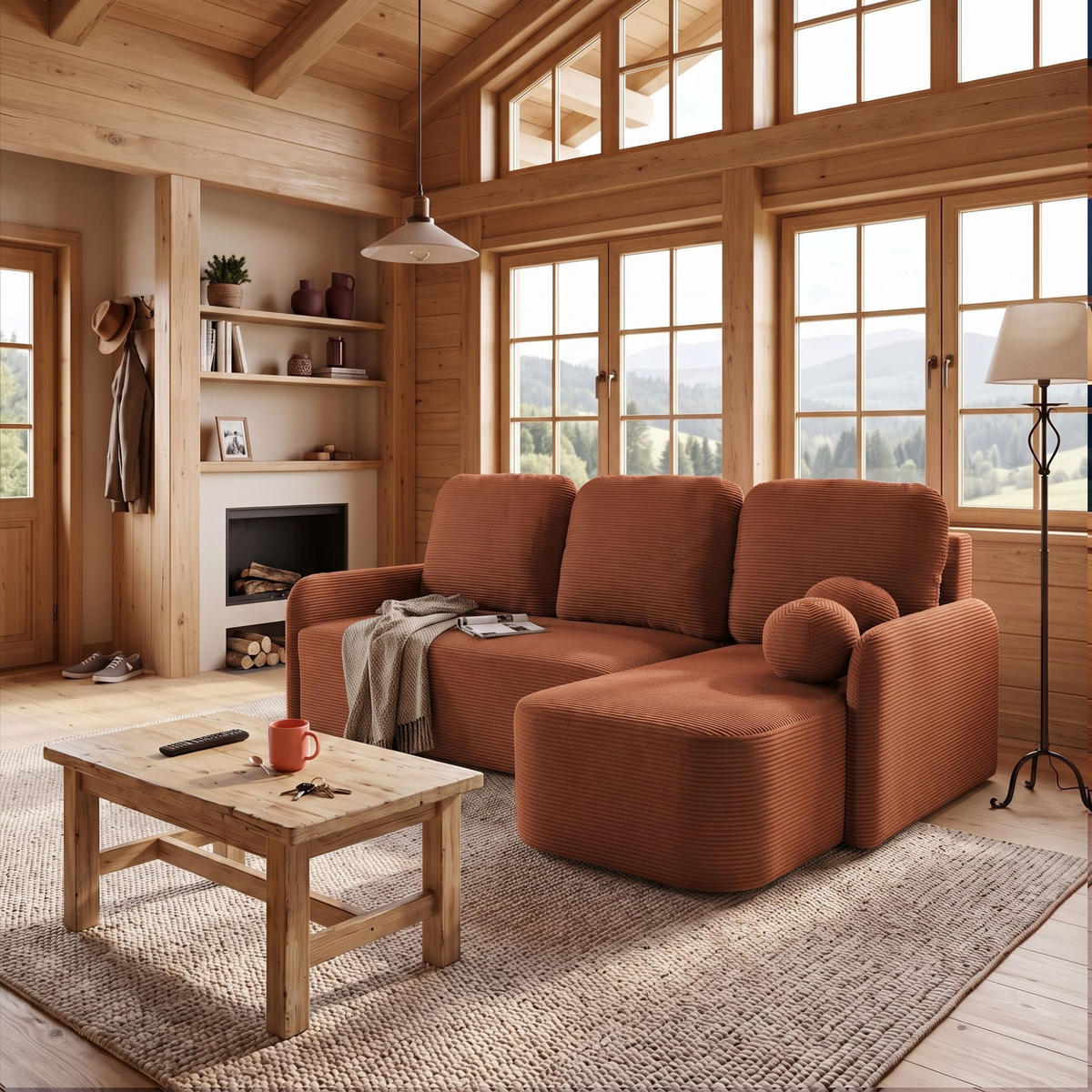 ECKSOFA CASPER L Rechts mit Schlaffunktion 132x198 Cord Braun - Schwarz/Braun, Holz/Kunststoff (145/217cm) - NACANAPA