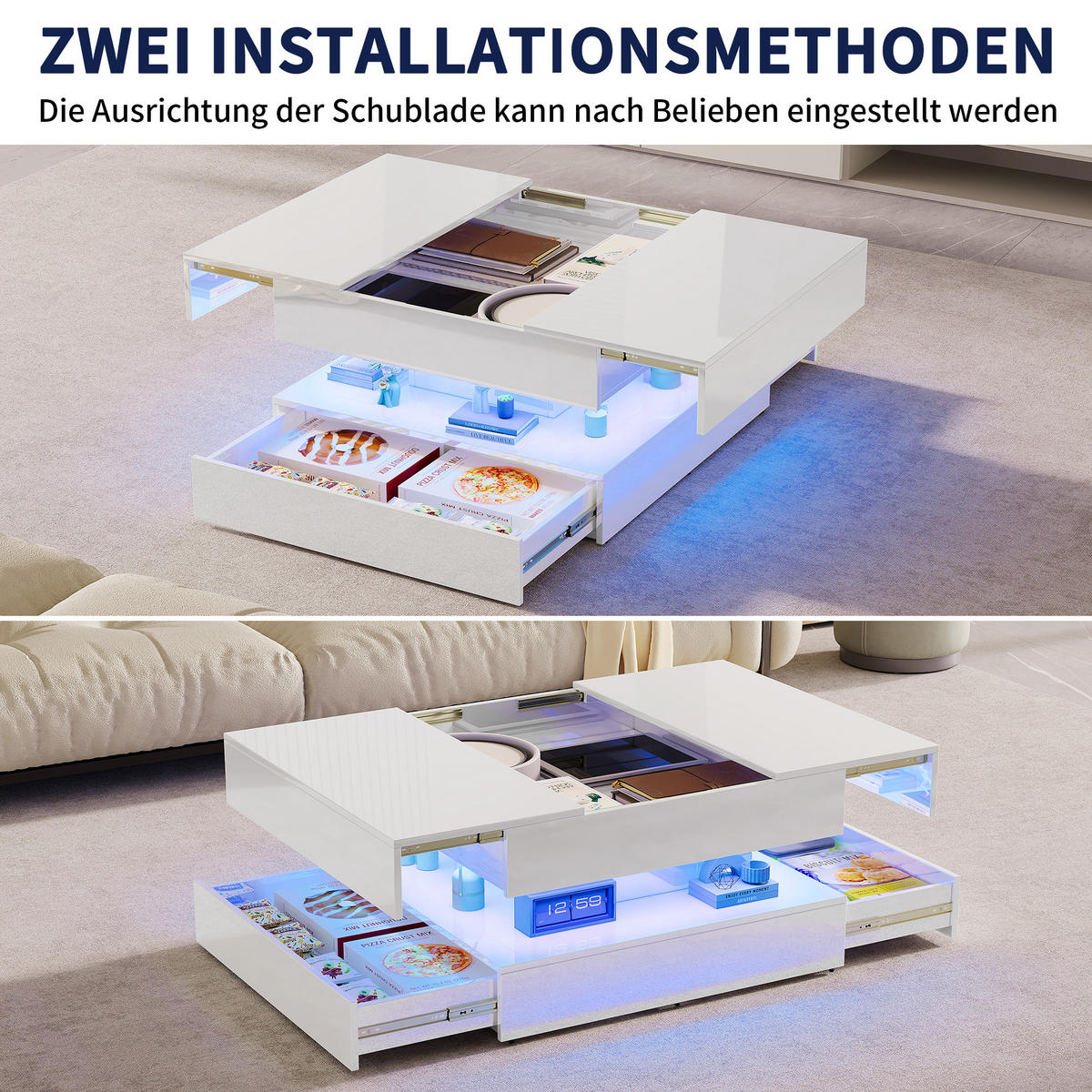 COUCHTISCH 78x78 cm mit RGB-LED & 2 Schubladen, Weiß Hochglanz - Weiß, Metall (78/78/43cm) - EuroLiving