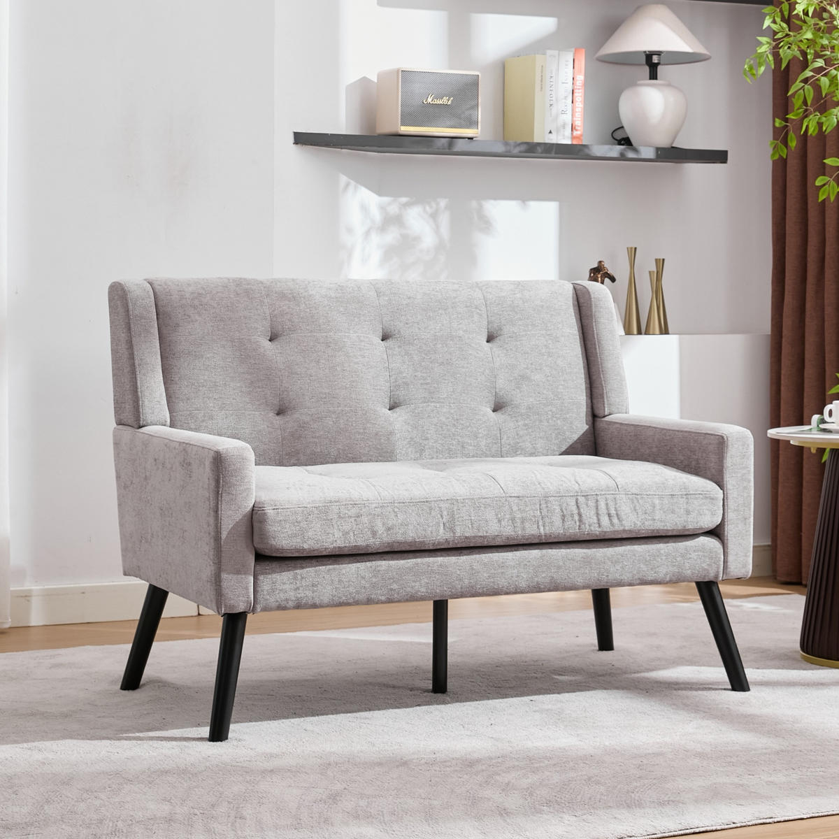 SITZBANK 2-Sitzer Leinenoptik Polster mit Knopfsteppung, Massivholzbeinen 119/75/88 cm Hellgrau - Hellblau, Textil (75/88/119cm) - Redom