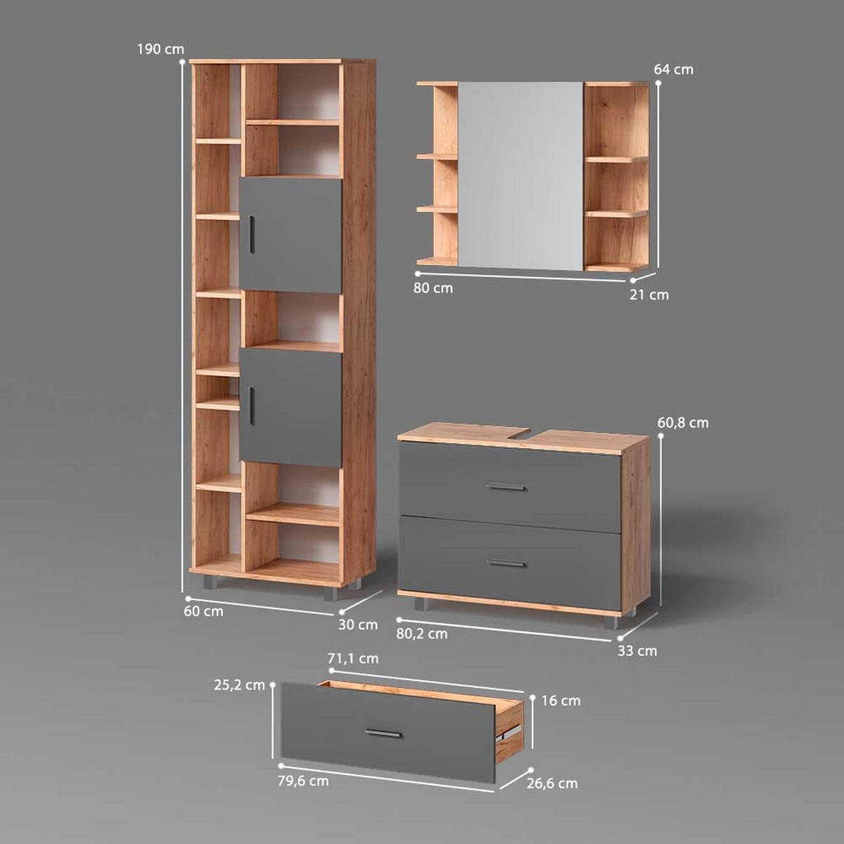 BADMÖBEL-SET Eisak Anthrazit/Goldkraft Eiche 3 Teile, mit Hochschrank - Anthrazit/Eiche Wotan, Holzwerkstoff (80/60/33cm) - Livinity®