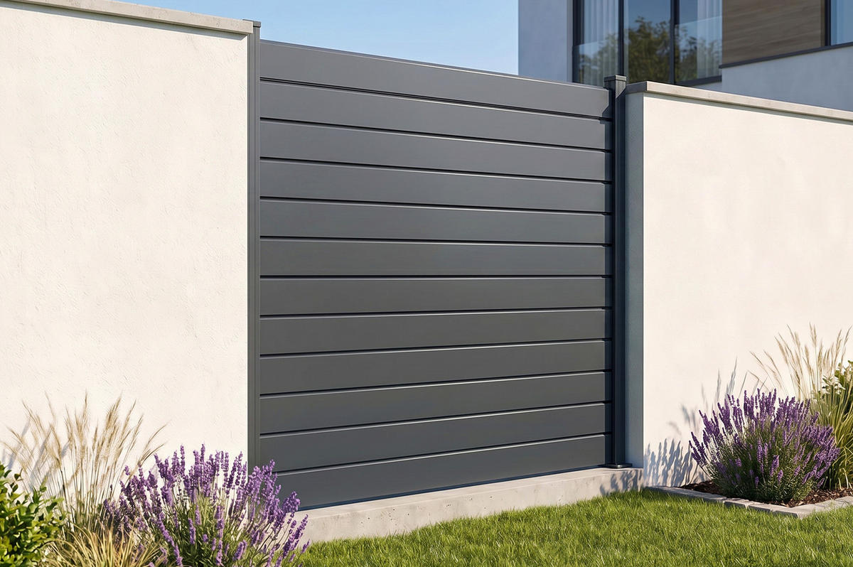 SICHTSCHUTZZAUN VANO aus Aluminium mit Lamellen 2 m x 180 cm, Grau - Grau, Metall (200/184cm) - Casanoov