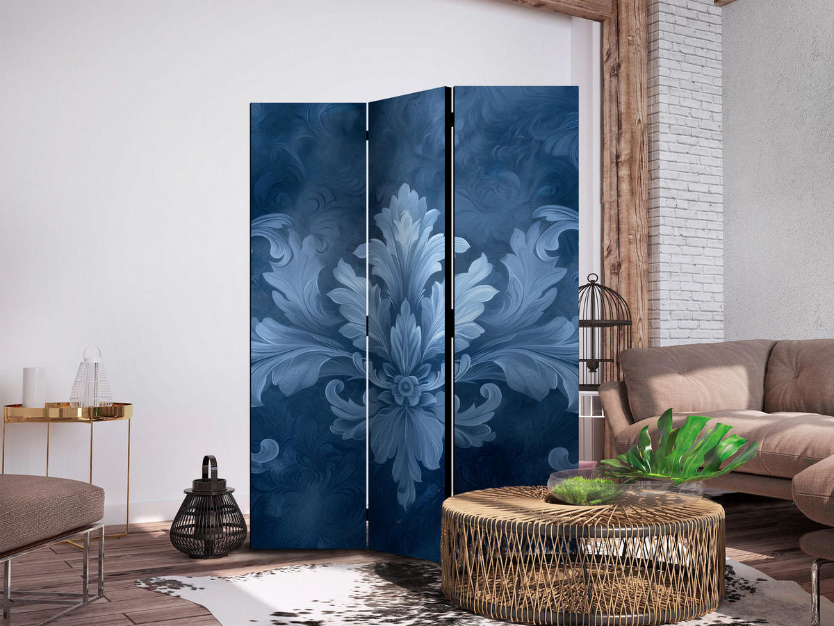 PARAVENT Beidseitig Bedruckter 3-tlg 135x172 cm Blaue Glamour Ornamente - Blau, Holz/Textil (135/172/3cm) - Muralo