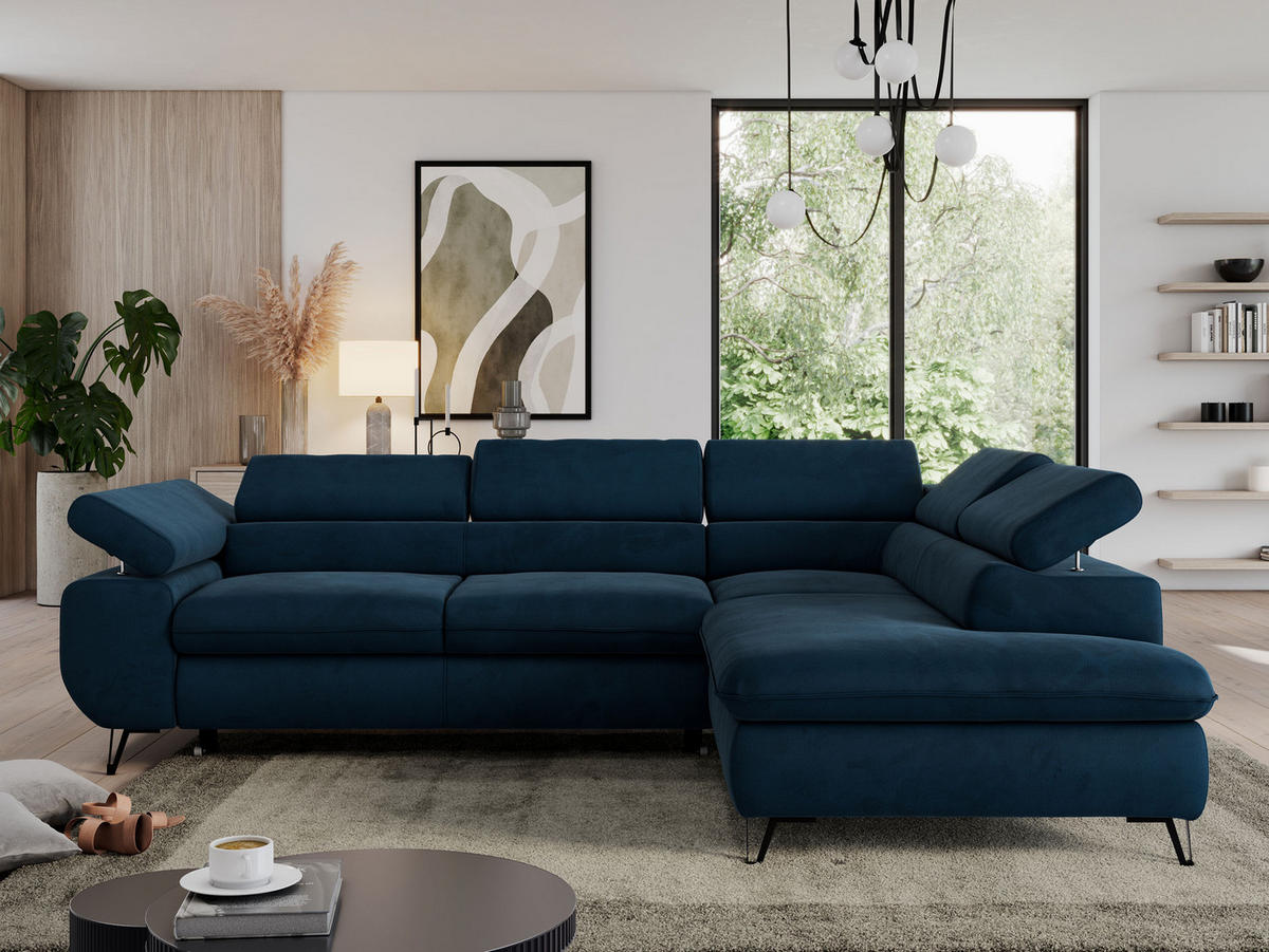 ECKSOFA PEDRO L Dunkelblau Velvet - Rechts Seite - Schwarz/Dunkelblau, Textil/Metall (273/208cm) - MKS