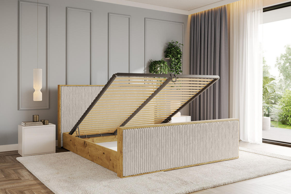 POLSTERBETT mit Bettkasten und Lattenrost, Boxbett mit Stauraum und Kopftei mit Matratze H3/H4 - ENZO10 120x200 Creme - Creme, Holzwerkstoff/Textil (120/200cm) - ALTDECOR