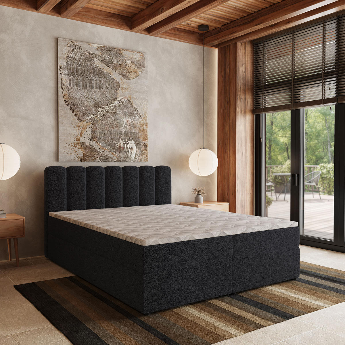 BOXBETT SOLIA 140x200 cm mit Matratze und Topper, H2+H3 - Schwarz - Schwarz, Holz (140/200cm) - MASSENO