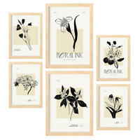 POSTER Set Mit 6 In Schwarzer Tinte Tropische Orchideen A3 & A4 Rahmen Aus Hellem Holz - Beige, Papier (29/3cm) - Nacnic