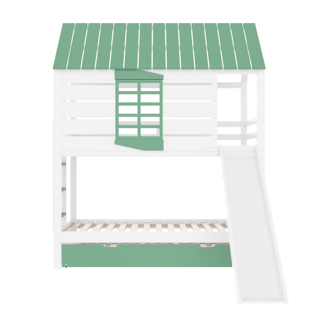 HAUSBETT 90/200 cm mit Rutsche und Ausziehbett in Weiß/Grün - Weiß, Holzwerkstoff (90/200cm) - BEAOK