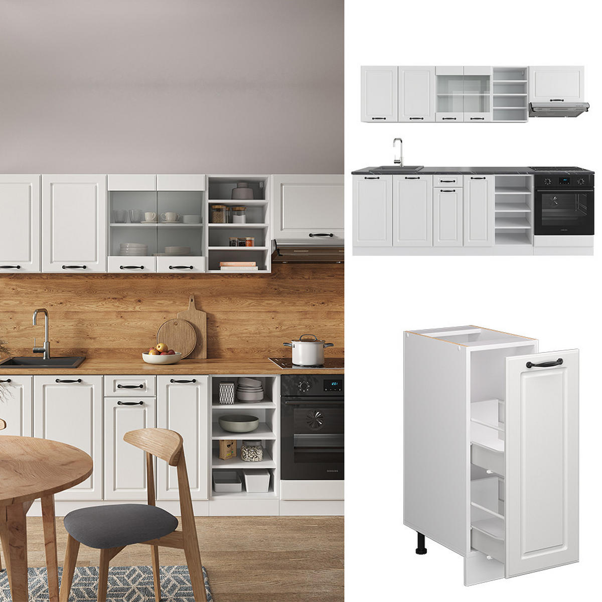 KÜCHENZEILE R-Line Weiß Landhaus/Weiß 240 cm ohne AP - Creme/Weiß, Holzwerkstoff (240/81.6/46cm) - Vicco