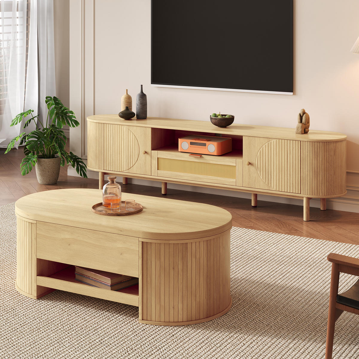 WOHNZIMMERMÖBEL-SET mit höhenverstellbarem Couchtisch und TV-Schrank Natural 2-tlg. - Braun, Holzwerkstoff (36/51/175.1cm) - Beauniv