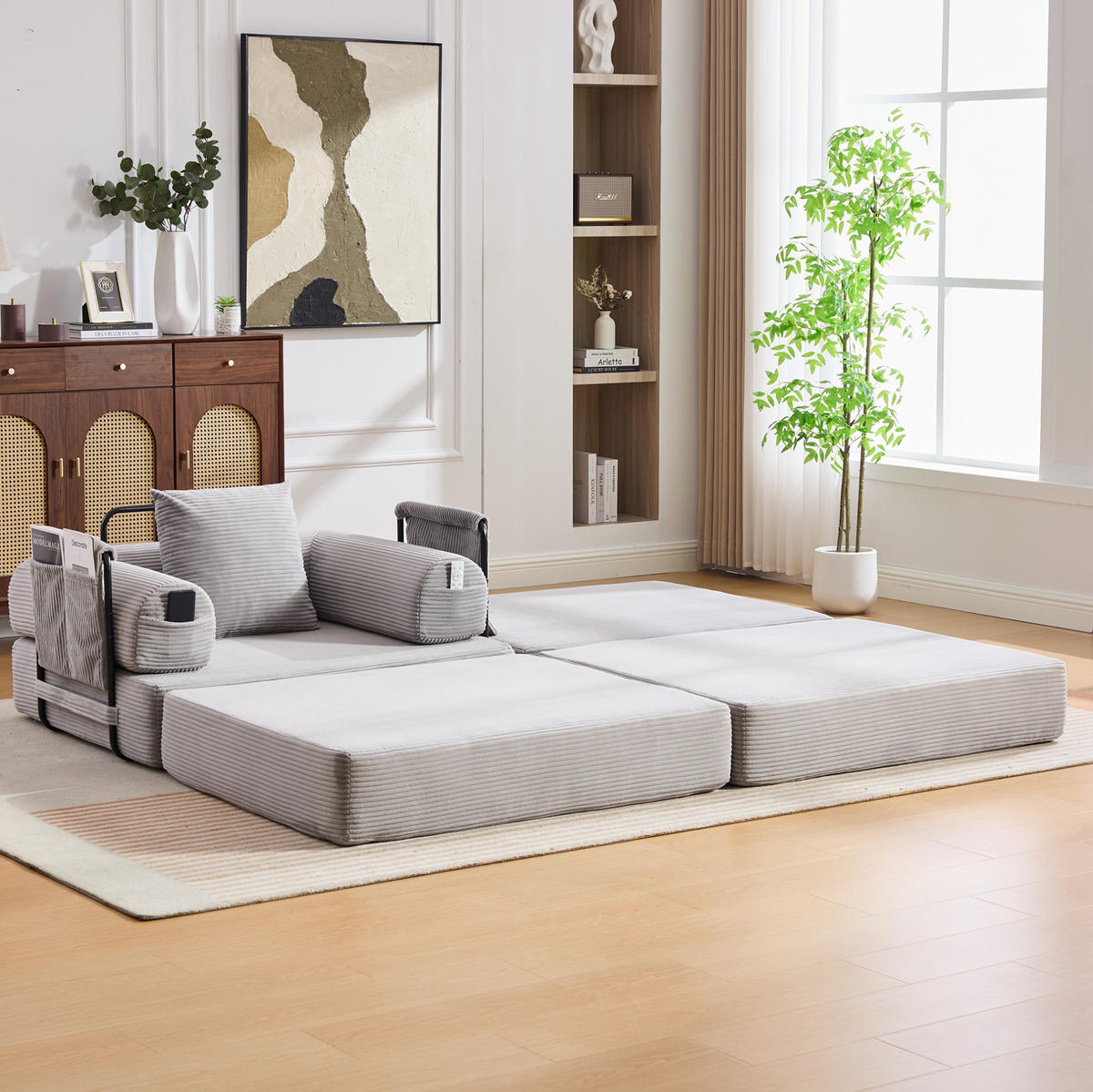 SESSEL mit Hocker aus Cord 112x190x67 cm Hellgrau flexibel kombinierbar, ergonomisch und montagefrei - Hellgrau, Textil (112/67/190cm) - Modfu