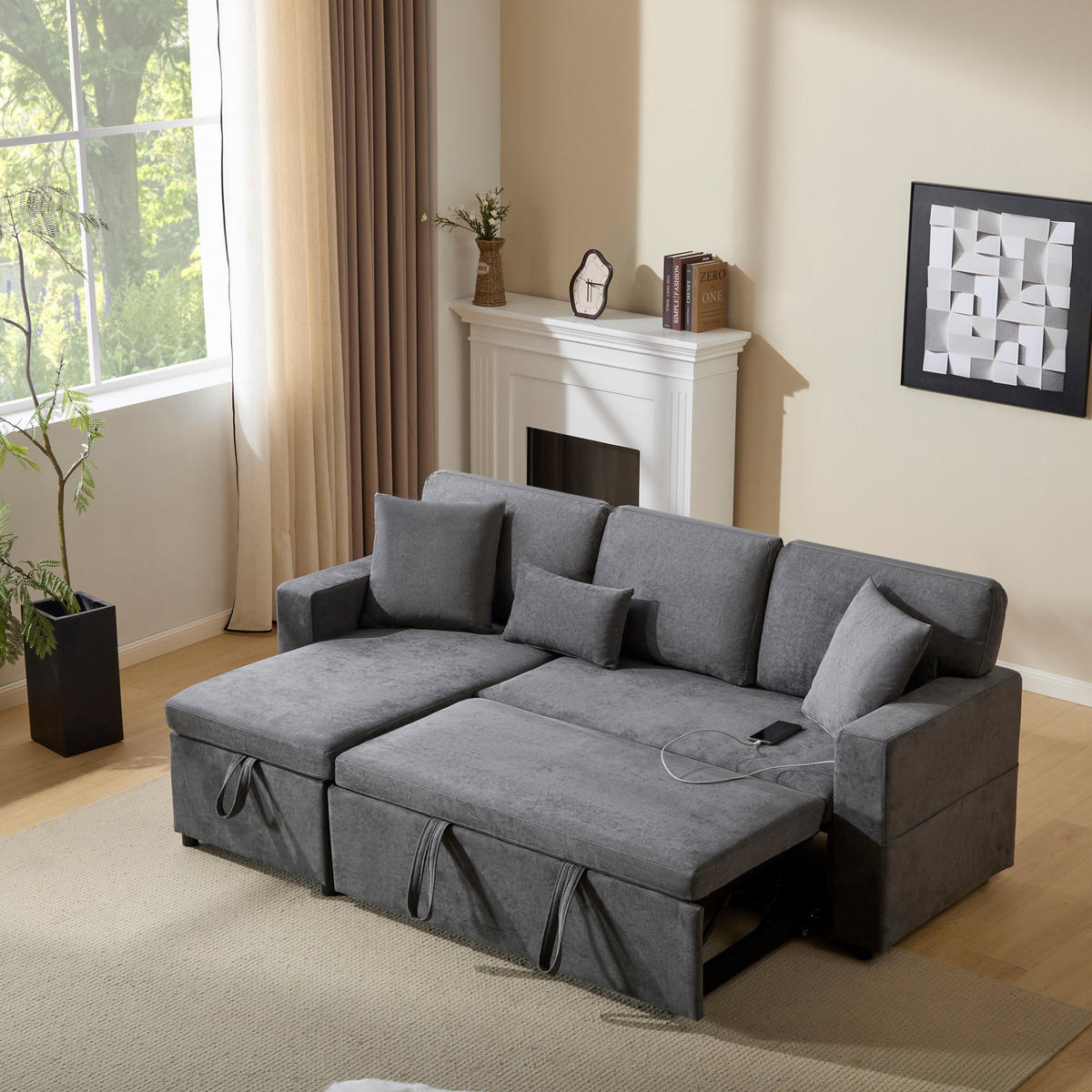 ECKSOFA L Form Schlafsofa Ausziehbar Stauraum Regal Grau - Dunkelgrau, Textil (215/85/131cm) - FLIEKS