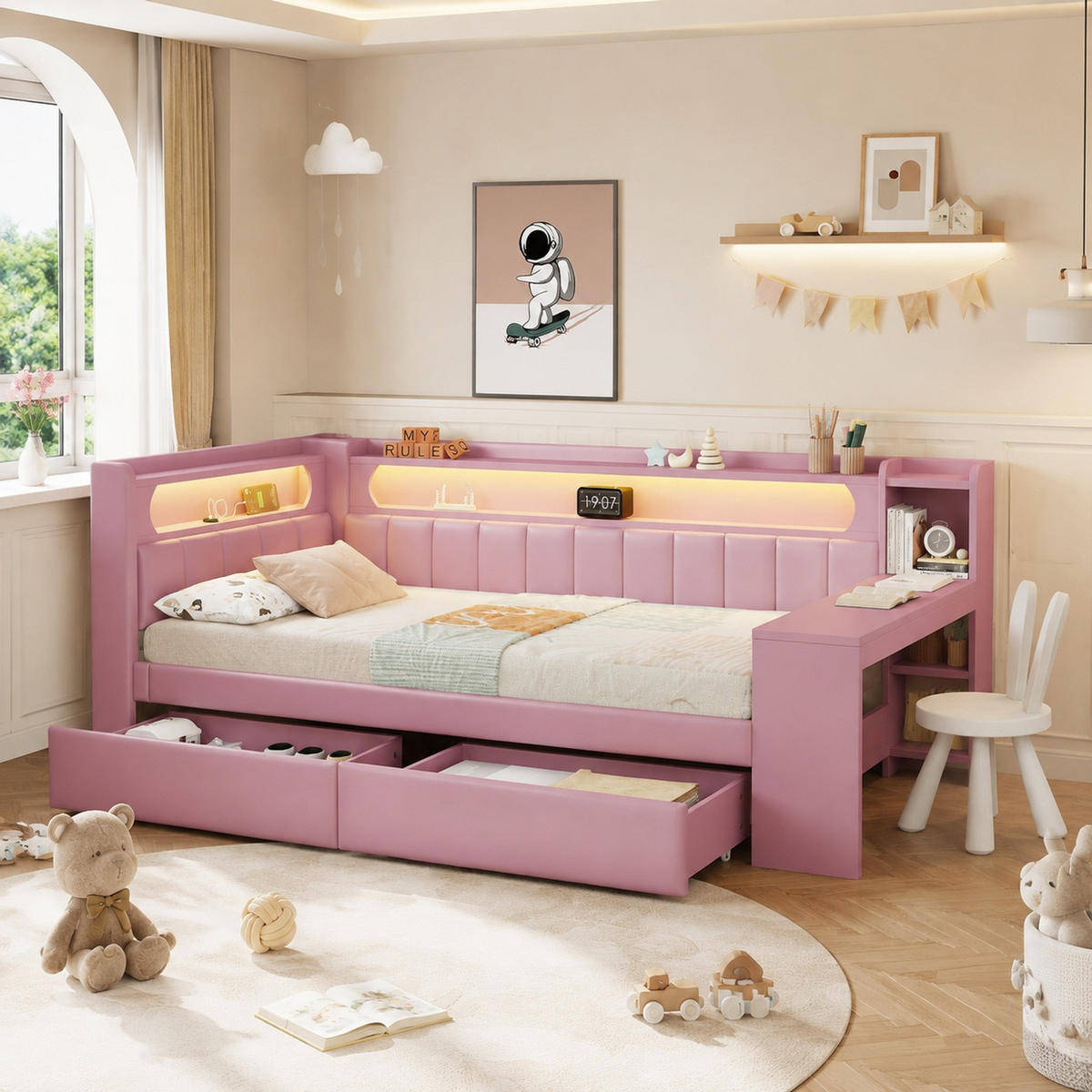 JUGENDBETT 90/200 mit Schreibtisch, Schubladen, LED und USB in Rosa - Rosa, Holzwerkstoff/Textil (90/200cm) - EVRYAE