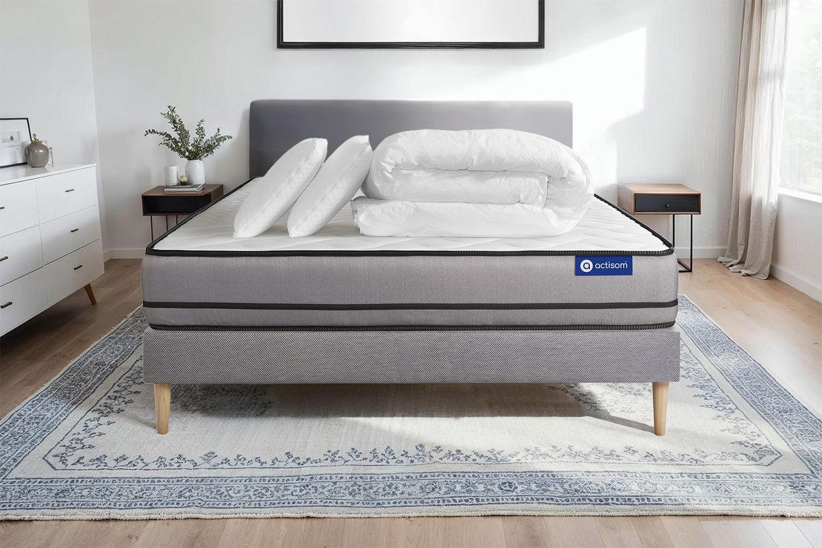 BETT Actiflex night Taschenfederkern 140 x 190 cm h4 - Kit Bettgestell Grau - Mit Kissen und Bettdecke - Beige/Grau, Karton/Holz (140/190cm) - ACTISOM