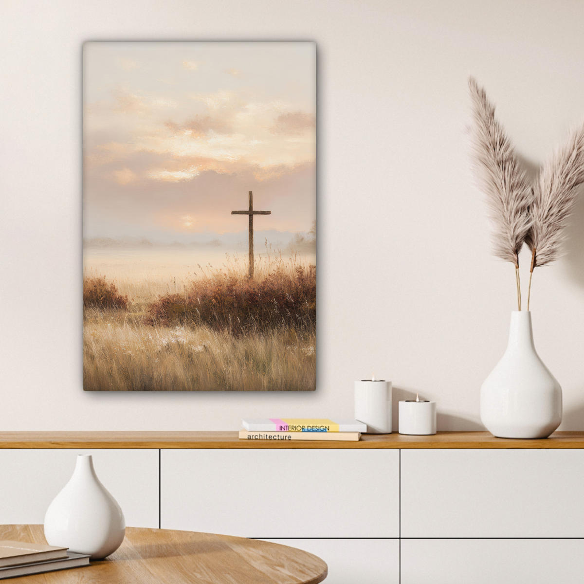 LEINWANDBILD Gras - Morgennebel - Kreuz - Christentum Wanddeko Schlafzimmer 60x90 cm - Beige, Textil (60/90cm) - MuchoWow