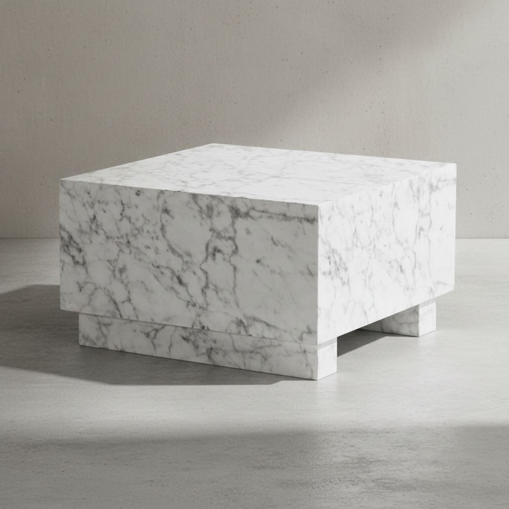 COUCHTISCH MONOBLOC in Hochglanz mit Marmor Optik, Quadratisch, Würfel-Form, Weiß 60x60x35 cm - Weiß, Holzwerkstoff (60/60/35cm) - KADIMA DESIGN