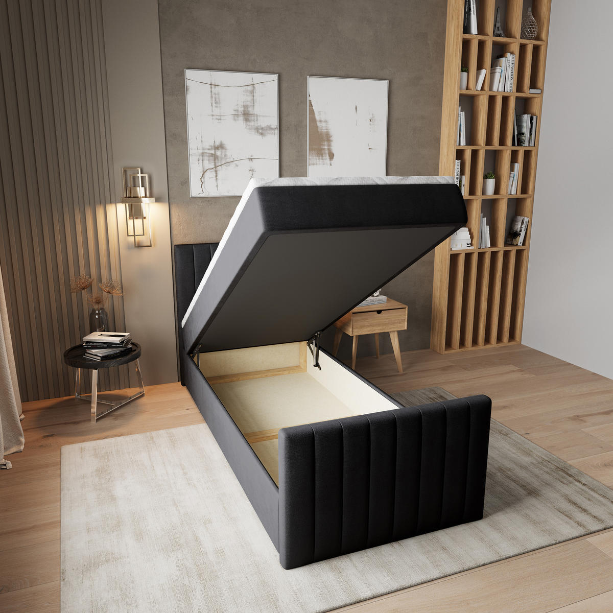 BOXBETT ARION 80 80x200 cm mit Matratze und Topper, H2+H3 - Schwarz - Schwarz, Holz (80/200cm) - MASSENO