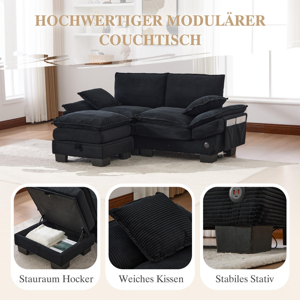 2-SITZER SOFA Cord Schwarz mit Hocker, USB-C und Seitentaschen - Schwarz, Holzwerkstoff/Kunststoff (190/132cm) - WISHDOR