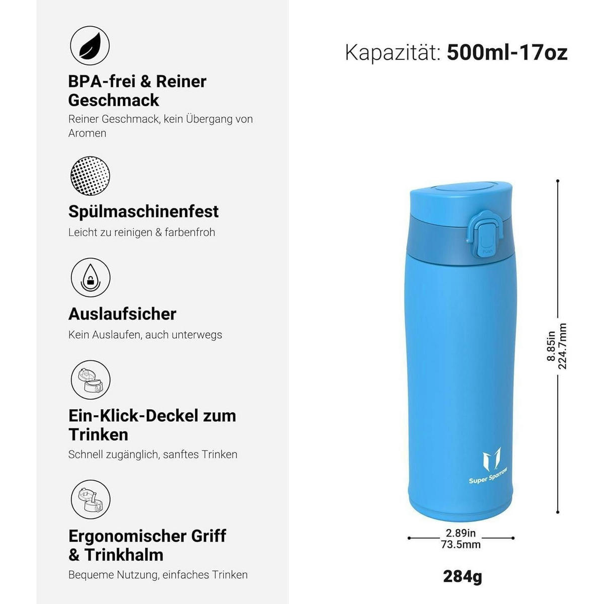 TRINKFLASCHE Edelstahl 500 ml Himmelblau - Blau, Metall (7.2/7.2cm)