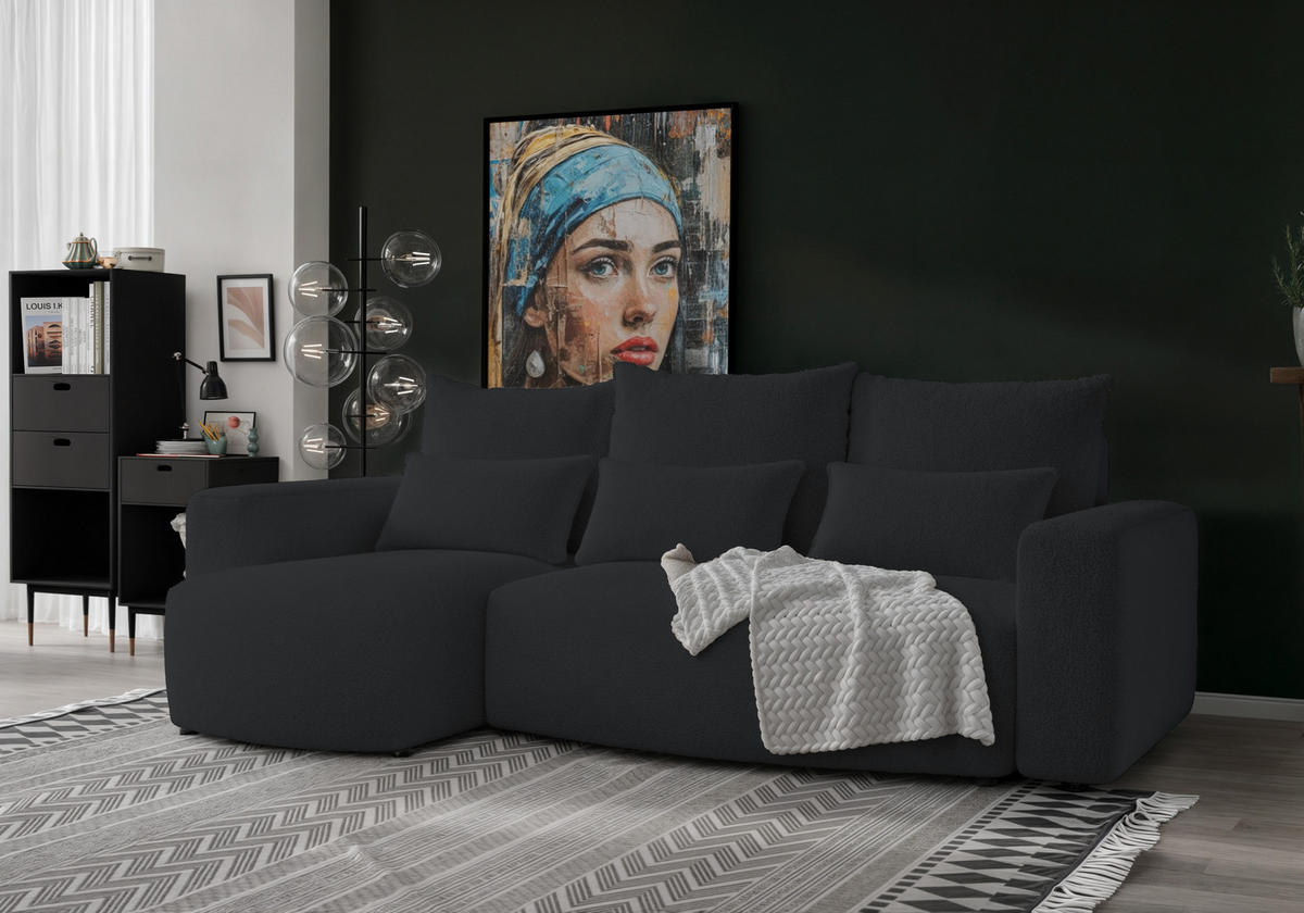 ECKSOFA Travis mit Bettkasten und Schlaffunktion, L-Form, Boucle, Universal - Schwarz, Holzwerkstoff (248/148cm) - 4ALL HOME