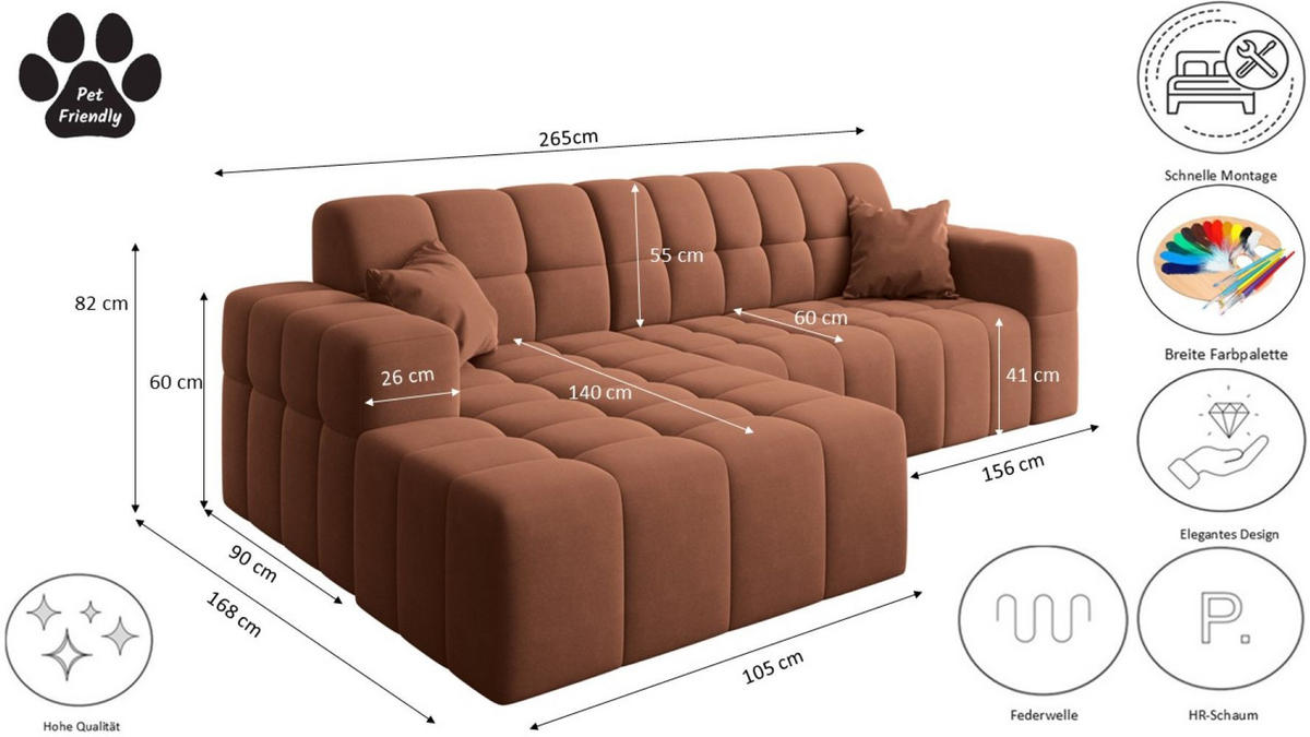 ECKSOFA L-förmiges Nimes Velours Stoff Kupfer Rechts - Kupferfarben, Holz/Kunststoff (265/168cm) - Kaiser Möbel