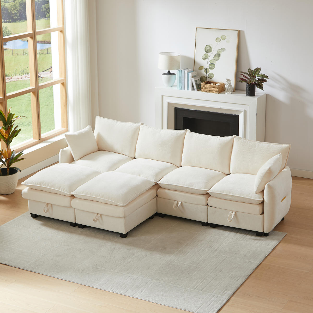 WOHNLANDSCHAFT 281/147/89 cm Beige mit 2 Fußhocker - Beige, Textil (281/89/147cm) - Oxeza