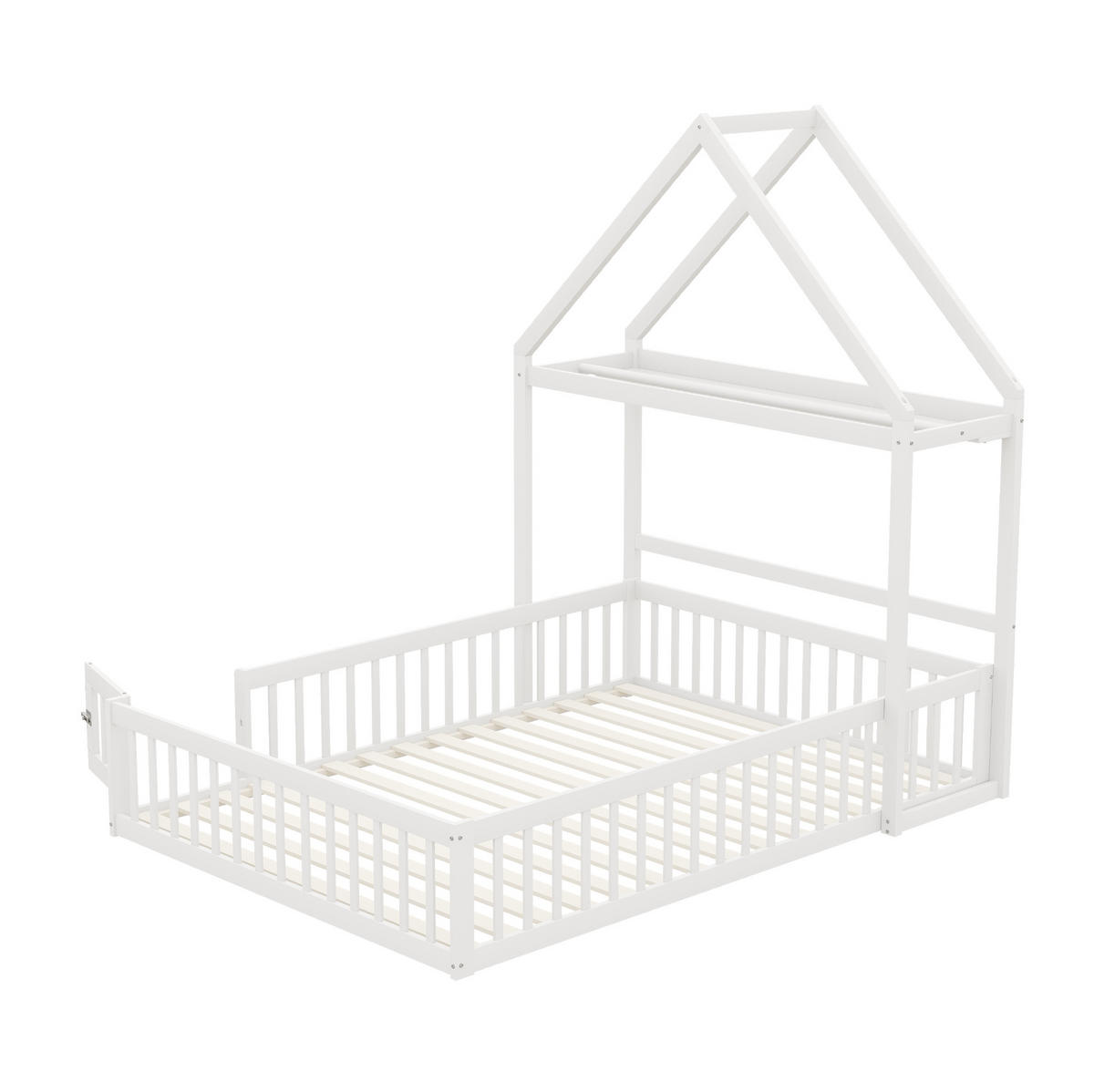 KINDERBETT 140/200 cm aus Holzwerkstoff mit Dach, Stauraum, Tür und Lattenrost, Weiß - Weiß, Holzwerkstoff (140/200cm) - Redom