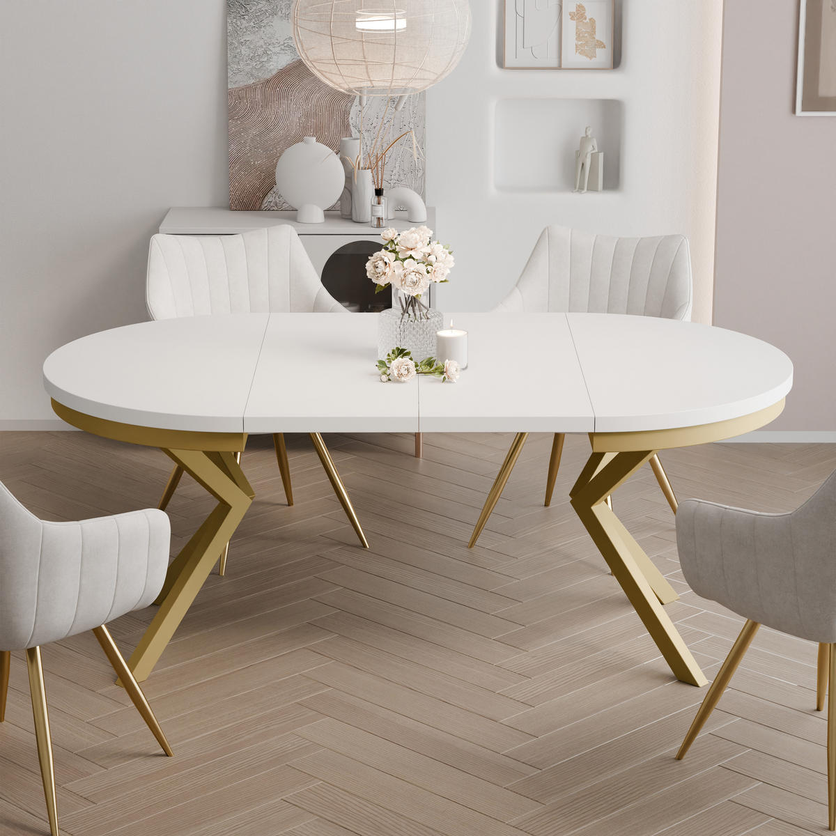 AUSZIEHTISCH MILTON 100-176/76 cm mit Metallgestell, Gold / Arktisweiß - Goldfarben/Weiß, Holzwerkstoff/Metall (100/100/76cm) - Idohome