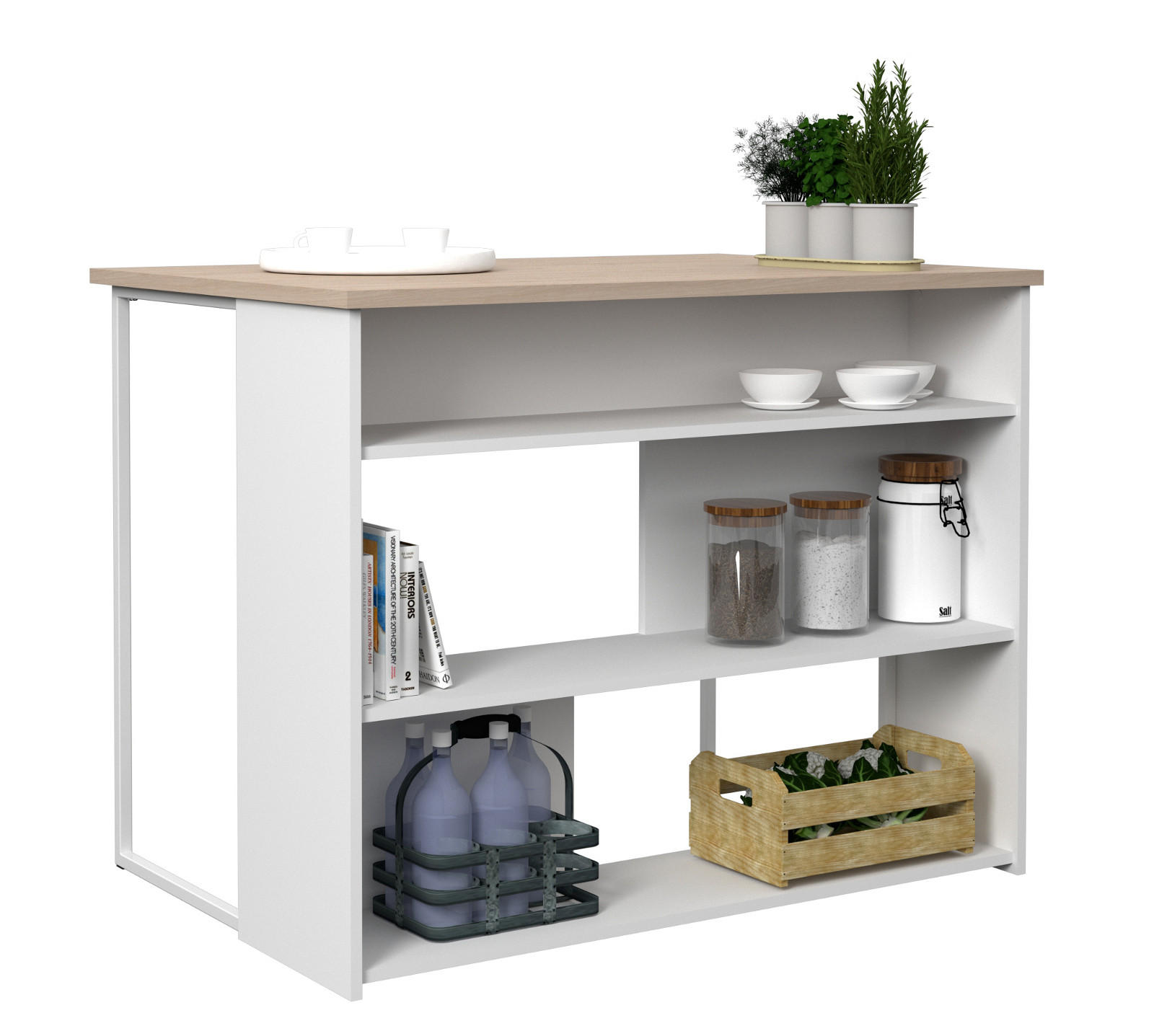 KÜCHENTHEKE weiß, Eiche 116 cm Kücheninsel 3 offene Fächer - Eichefarben/Weiß, Holzwerkstoff/Metall (116/90/80cm) - Parisot Meuble