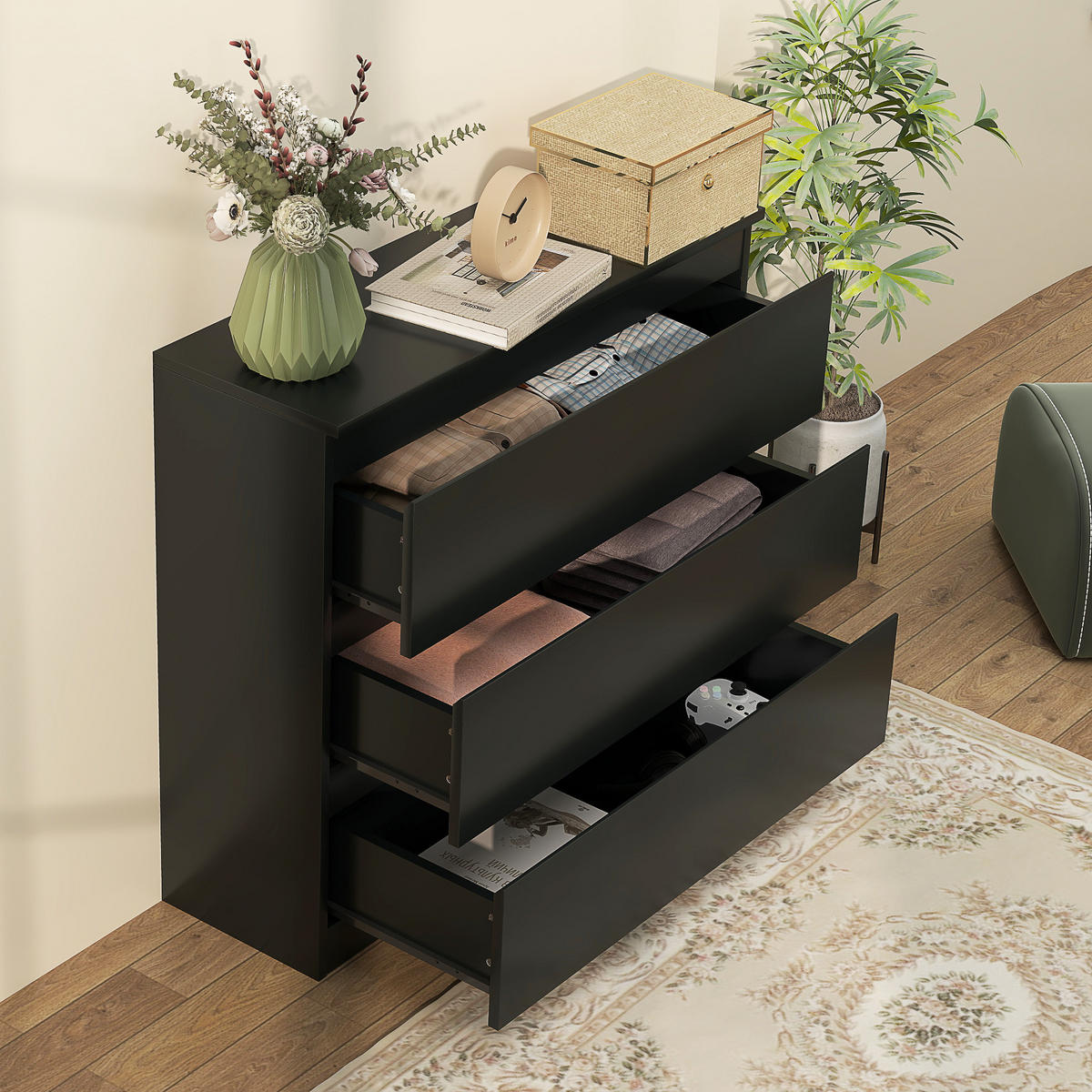 KOMOODE DE-12963 3 Schubladen, grifflos Schwarz - Schwarz, Holzwerkstoff (80/73/39cm) - ComfortXL