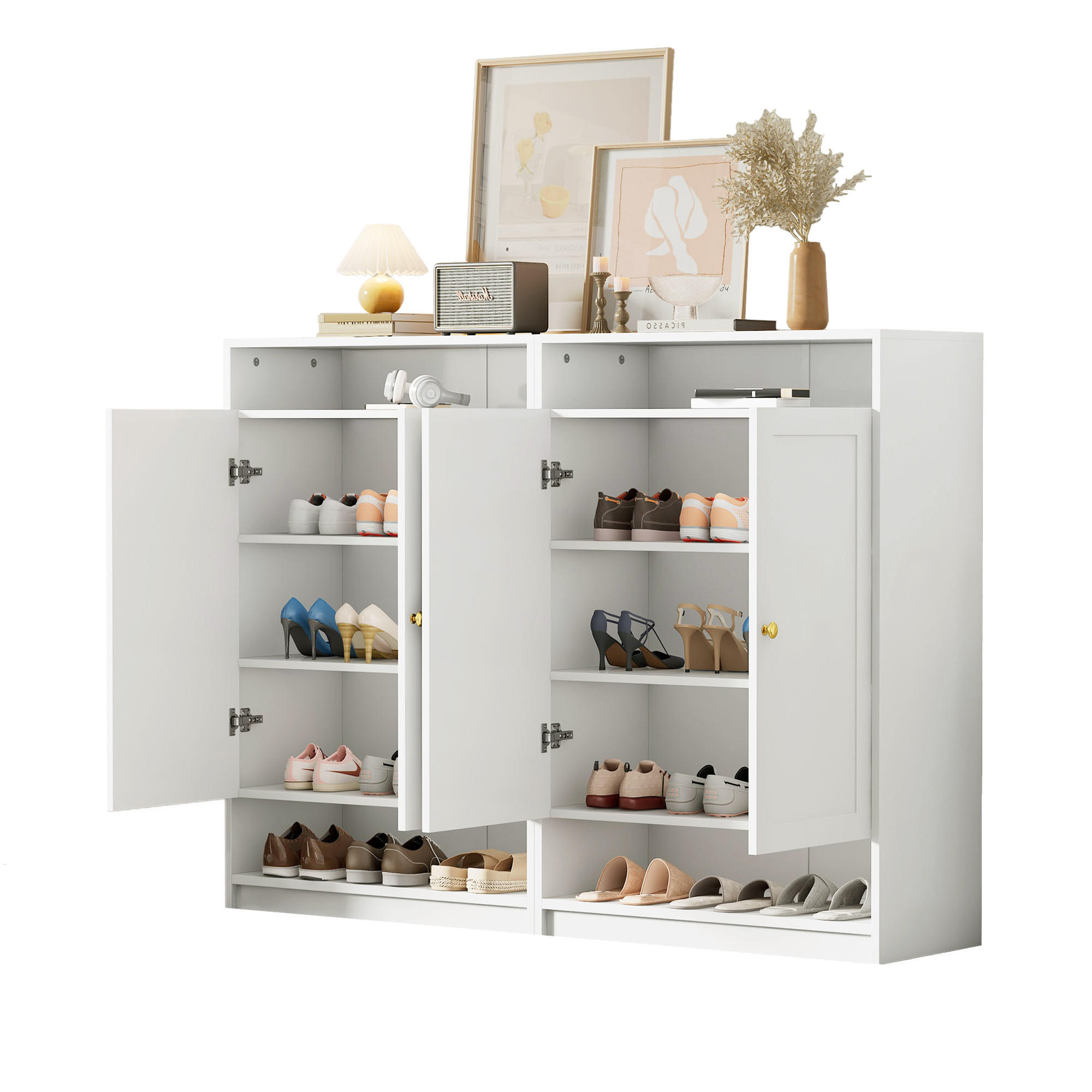 SCHUHSCHRANK Weiß 2 Türen goldene Griffe 146x34x109cm - Weiß, Holzwerkstoff (34/109/146cm) - FLIEKS