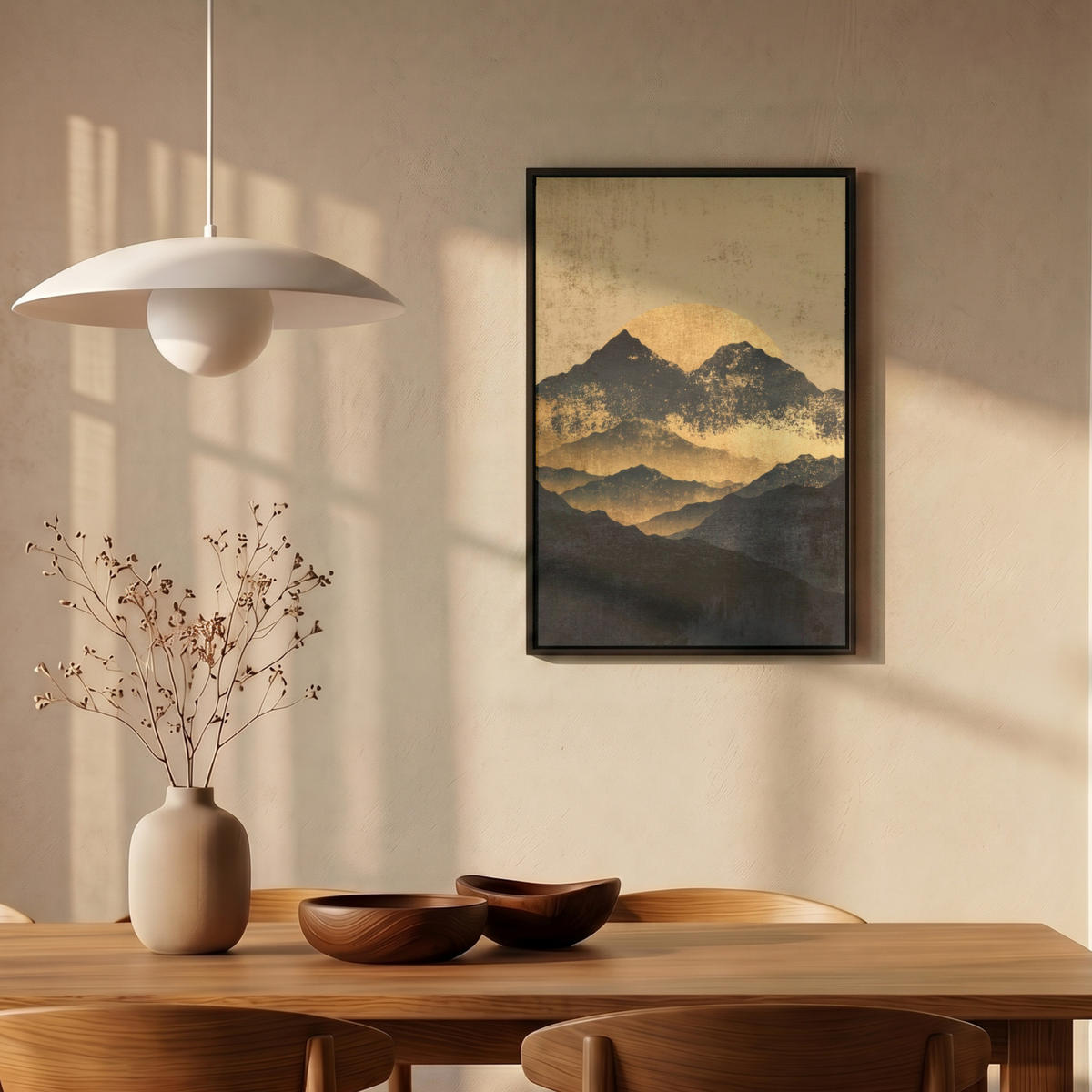 LEINWAND Bilder mit Rahmen - Goldene Berge bei Mondschein - 40x60 - Goldfarben, Textil (40/60cm) - MuchoWow
