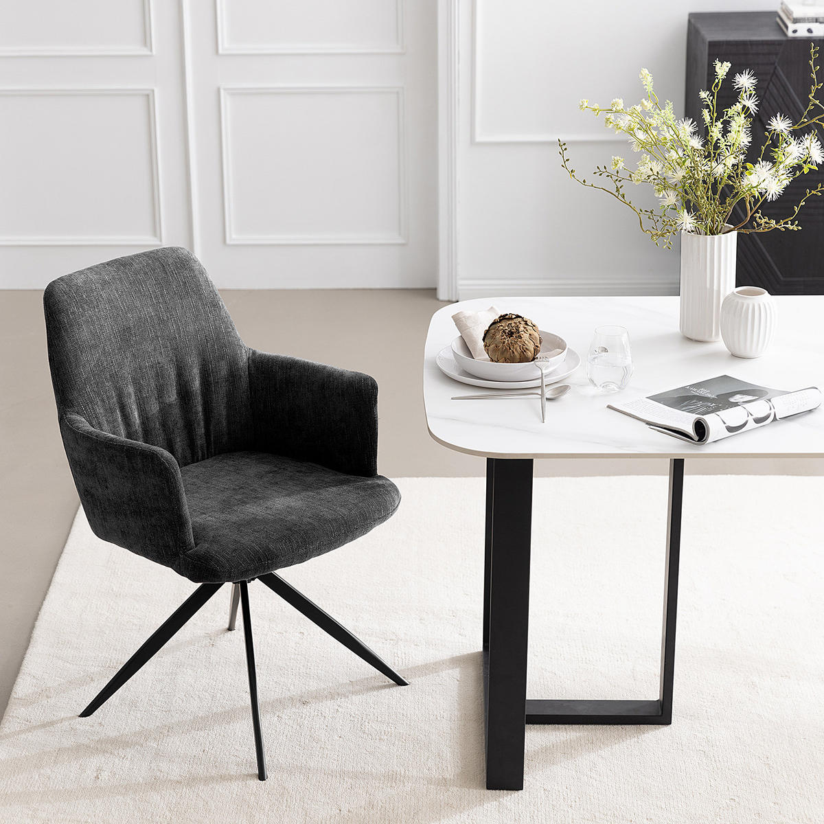 DREHBARER ARMLEHNENSTUHL - Grau - Chenille - Eisen - 59 x 87 x 65 cm - Grau, Textil/Metall (59/87/65cm) - home24