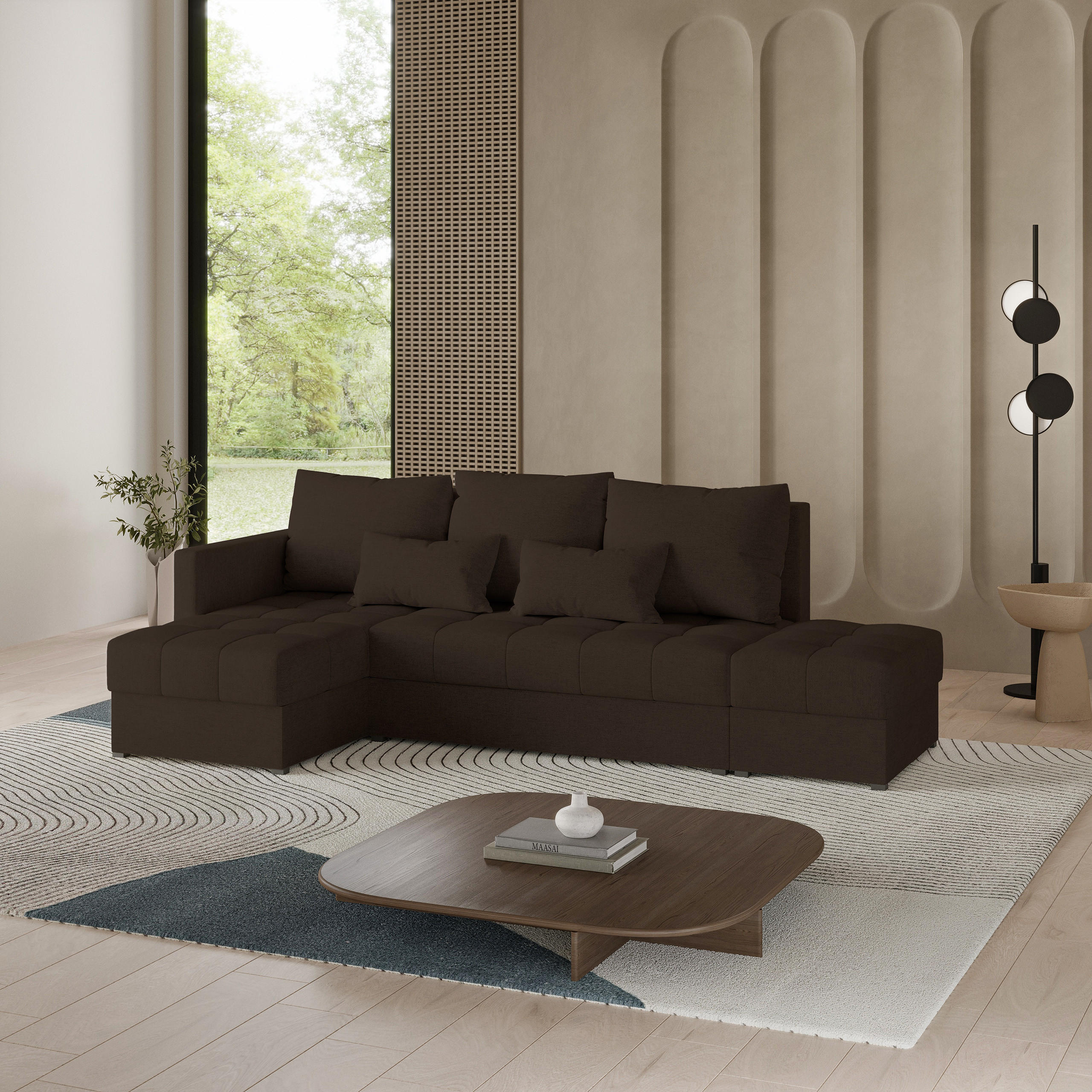 ECKSOFA LUMARI L-S Braun Plüsch-Stoff mit Schlaffunktion - Braun, Holz (262/143cm) - MASSENO