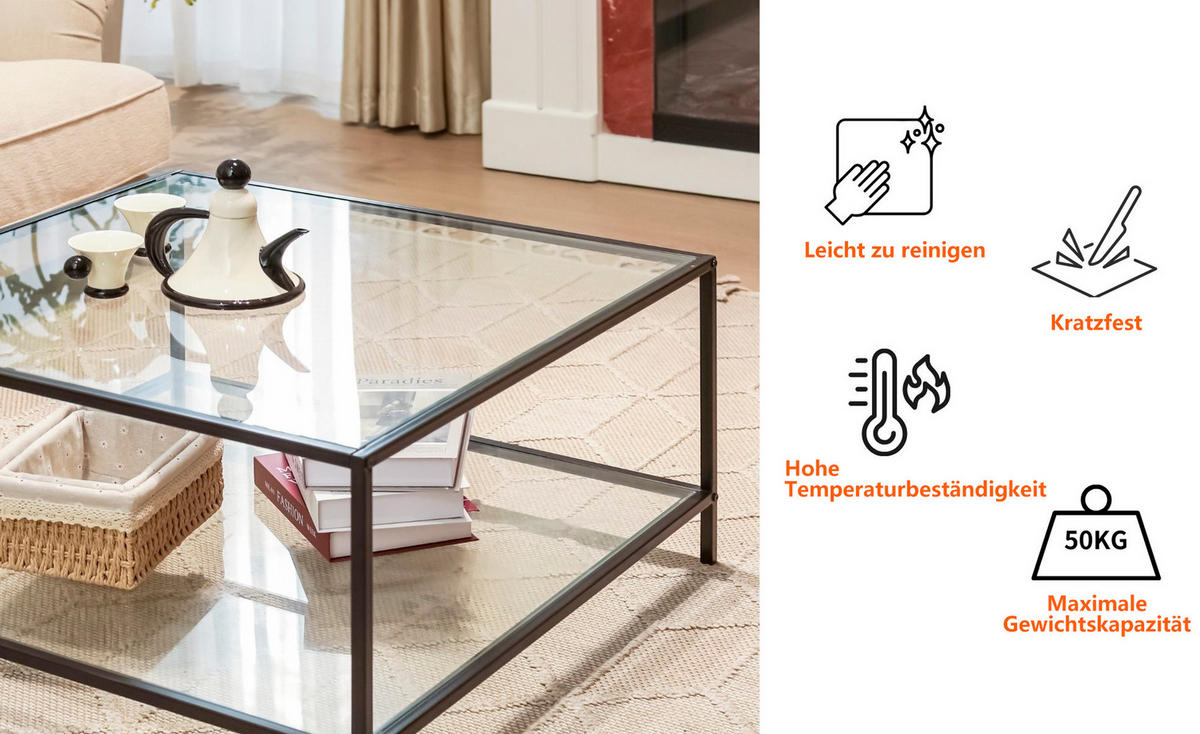 COUCHTISCH Glasplatte kratzfest & Metallgestell stabil 80X80cm - Transparent/Schwarz, Glas/Metall (80/80/42cm) - Urban Meuble