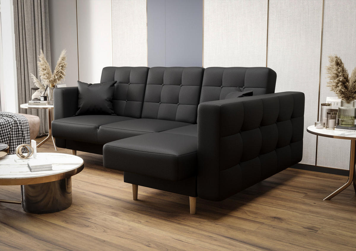 ECKSOFA KONGO RBN12, Eckcouch in L-Form mit Schlaffunktion, Farbe: Schwarz, Kunstleder, Ottomane Rechts - Schwarz, Textil (225/158cm) - O-Sofa