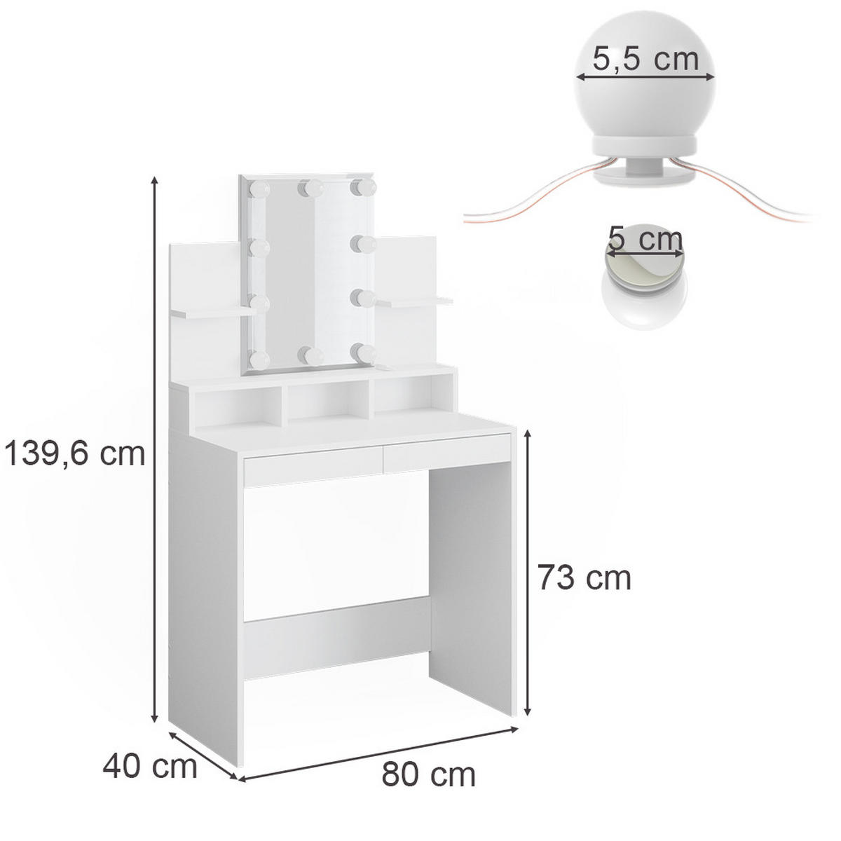 SCHMINKTISCH Ania Weiß 80 cm mit LED Beleuchtung - Weiß, Holzwerkstoff (80/139.6/40cm) - Vicco
