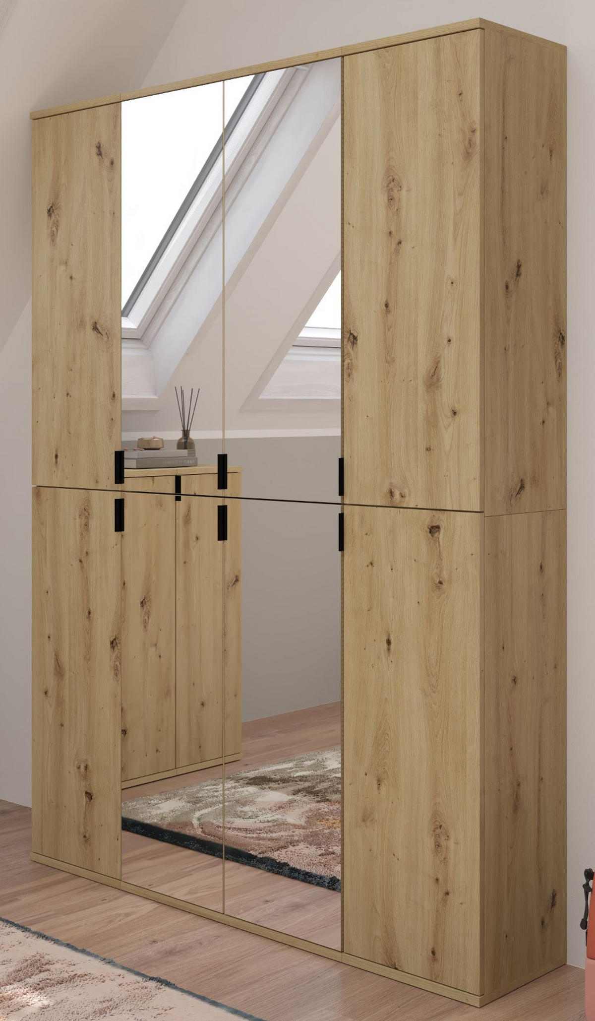 GARDEROBENSCHRANK Eiche Artisan 121 cm, Flurschrank mit Spiegel - Chromfarben/Schwarz, Glas/Holzwerkstoff (121/193/34cm) - Inn.Furn