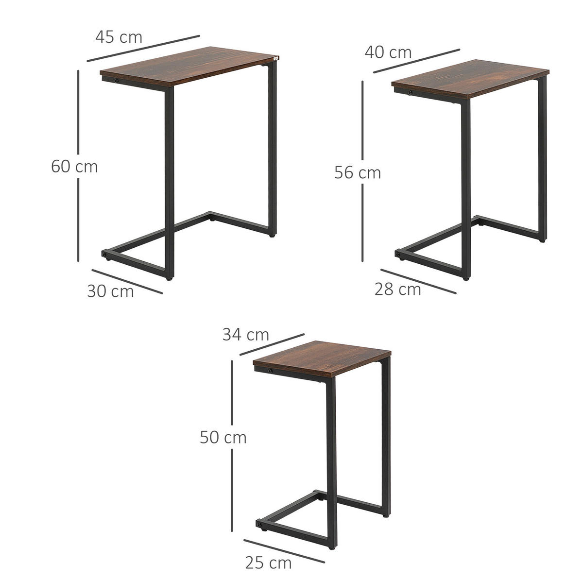 SATZTISCHE 45/30/60 cm im 3er-Set, verschachtelbar mit Holzplatte und Stahlgestell, Braun - Braun, Holzwerkstoff (30/45/60cm) - Redom