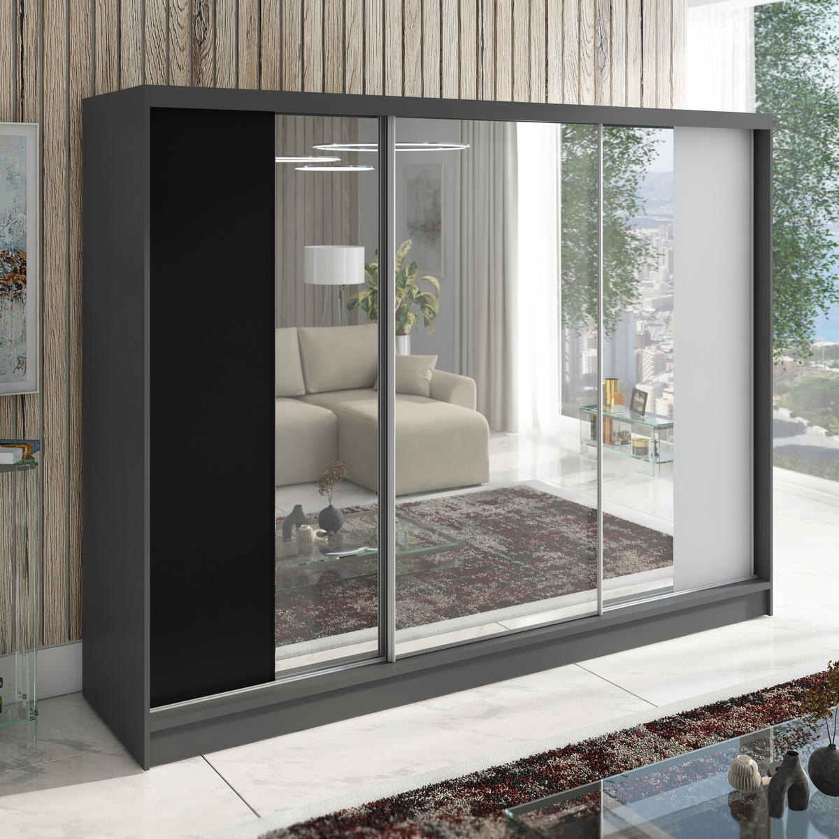 SCHWEBETÜRENSCHRANK 200 CM VIDA Farbe: Graphit, Schwarz, Weiß - Graphitfarben/Schwarz, Holzwerkstoff (200/215/60cm) - A&J MöbelLand