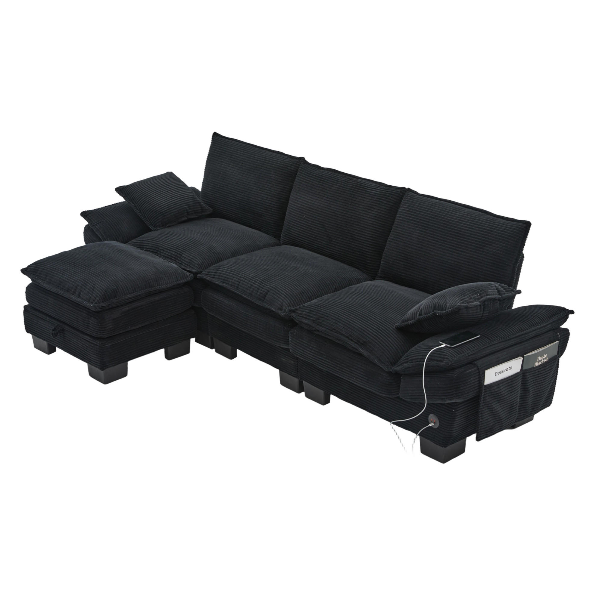 ECKSOFA 260/132/84 cm schwarz aus Cord mit Hocker und USB-C - Schwarz, Textil (132/260cm) - OKWISH