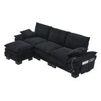 ECKSOFA 260/132/84 cm schwarz aus Cord mit Hocker und USB-C - Schwarz, Textil (132/260cm) - OKWISH