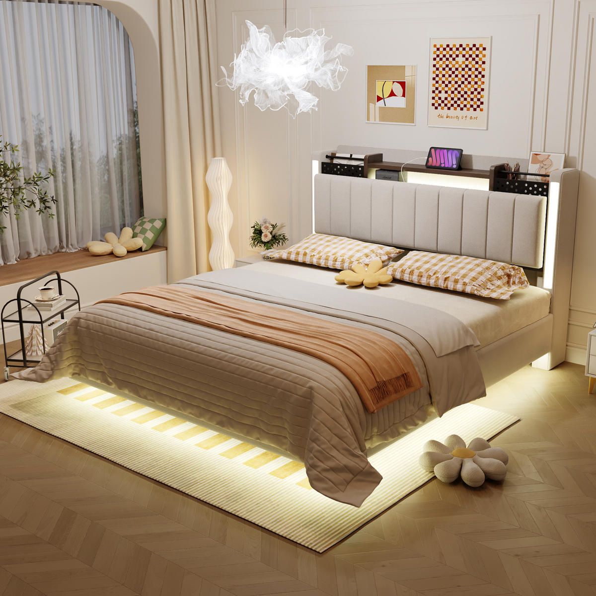 POLSTERBETT mit USB, LED und Stauraum 140x200 cm Leinenstoff Beige - Beige, Metall (140/200cm) - Meubliv