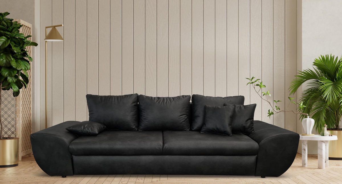 BIG-SOFA mit Schlaffunktion 275/98/90 cm Wellenfedern, Bettkasten, Liegefläche 148x194 cm, Mikrofaser Leder-Optik Vintage Schwarz / 18010 - Schwarz, Kunststoff/Textil (275/90/98cm) - luma-home