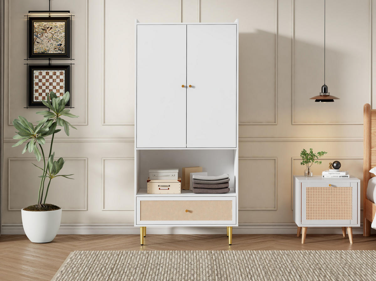 KLEIDERSCHRANK 80/48/175 cm weiß/natur aus Spanplatte mit Schublade - Weiß, Holzwerkstoff (48/175/80cm) - OKWISH