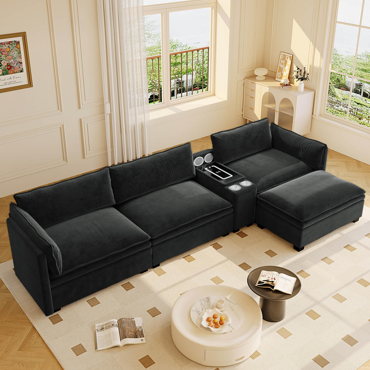 ECKSOFA DE-34944 L-Form mit Funktionskonsole Schwarz - Schwarz, Holz (70/315cm) - ComfortXL